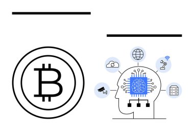 Bitcoin para, yapay zeka çipli insan kafası silueti ile birlikte, IoT cihazlarına bağlı. Konseptler için ideal engelleme zinciri, yapay zeka yeniliği, IoT ağları, dijital finans, bulut verileri, robotik