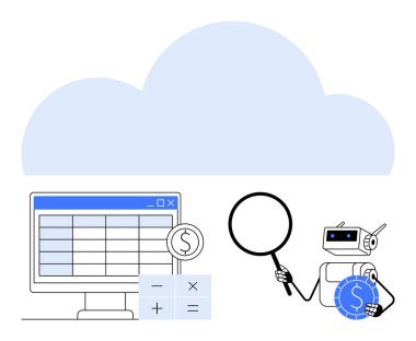 Robot, bulut simgesi ve hesap makinesi ile birlikte büyüteç vasıtasıyla dijital hesap tablosunu inceliyor. Finans, veri analizi, otomasyon, yapay zeka, teknoloji, bulut hesaplama için ideal