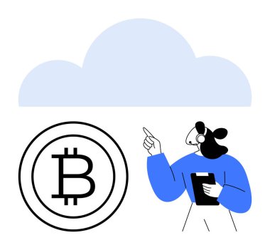 Elinde dosya tutan bir kadın, Bitcoin bozukluğunun üstündeki bulutu işaret ediyor. Kripto para birimi, bulut depolama, engelleme teknolojisi, dijital ekonomi, ademi merkeziyet finansmanı, veri yeniliği, düz