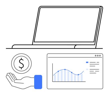 Grafik dolu bir ekranın üstünde dizüstü bilgisayar ve para analizini sembolize eden bir madeni para simgesi. Finans, teknoloji, girişimler, iş büyümesi, dijital pazarlama, veri içgörüleri, basit