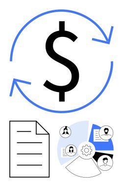 Oklarla çevrili dolar işareti, belge simgesi ve insan avatarlarıyla iş akışı diyagramı. Finans, iş, ekonomi, süreç yönetimi, işbirliği belgeleri hizmetleri için idealdir. Düz basit