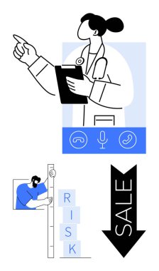 Pano gösteren bir doktor, risk bloklarını ölçen bir adam, satışı sembolize eden aşağı ok. Sağlık, risk yönetimi, iş, istişare, satış, liderlik için ideal