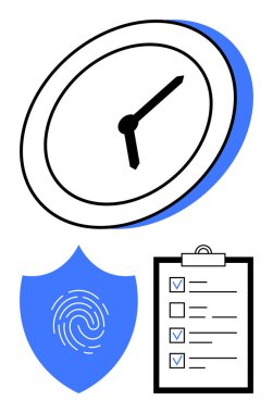 Tarzlı elleri olan bir saat, dijital parmak izi olan bir kalkan, panoda kontrol listesi. Zaman yönetimi, güvenlik, üretkenlik, organizasyon, uyum, dijital kimlik sade iniş sayfası için ideal