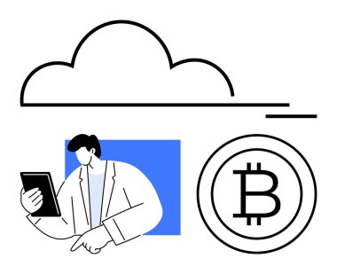 İş adamı Bitcoin ikonuyla tableti bulut sembolünün altında tutuyor. Finans, engelleme zinciri, teknoloji, bulut depolama, gelecekteki yenilikler, dijital ekonomi, veri güvenliği için ideal. Düz basit metafor