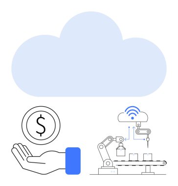 Robotik kol üzerinde bulut otomatikleştirme üretimi bağlantı ikonu eliyle madeni parayı tutarak finansı vurguluyor. Teknoloji, bulut depolama, otomasyon, endüstri, finans, bağlantı için ideal