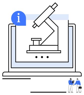 Laptop ekranında mikroskop, mavi bilgi simgesi, iki profesyonel el sıkışıyor. Bilim, teknoloji, öğrenme, araştırma, işbirliği, dijital eğitim için ideal basit iniş sayfası