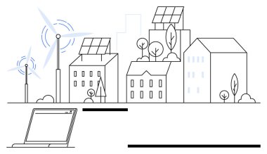 Yenilenebilir enerji kaynakları güneş panellerini destekliyor ve rüzgar türbinleri kentsel binalara güç sağlıyor. Ağaçlar mimariyi tamamlar ve minimalist dizüstü bilgisayarlar dijital bağlantı olduğunu gösterir. İdeal