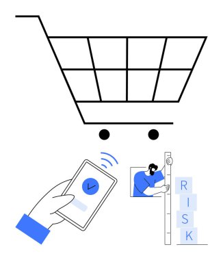 Araba, akıllı telefon, ödemeyi onaylayan kişi, bloklarla risk yığınını ölçen kişi. E-ticaret, mobil ödeme, çevrimiçi alışveriş, fintech, güvenlik, risk yönetimi basit iniş sayfası