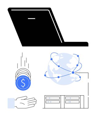 Laptop, birbirine bağlı noktaların olduğu dünya haritası, bozuk paraların açık bir ele düşmesi ve sunucu rafları. Finans, e-ticaret, veri paylaşımı, küresel ağ, bulut depolama Fintech basit iniş sayfası için ideal