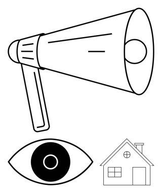 Büyük megafon, açık göz ve basit ev çizimi. İletişim, dikkat, gözetleme, gözlem, mahremiyet, içişleri basit iniş sayfası için ideal