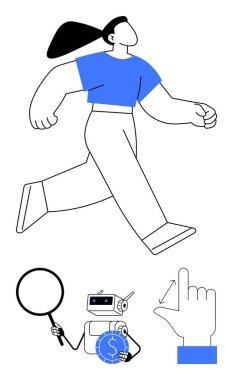 Kendinden emin bir kadın, bir büyüteçle destekleniyor, parası olan bir robot ve etkileşimli bir el hareketi. Büyüme, keşif, yenilik, zenginlik, yapay zeka etkileşimi için ideal düz metafor