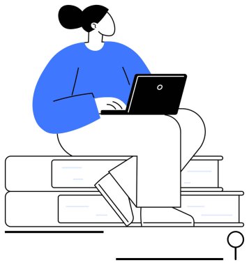 Kitap yığınlarının üzerine oturmuş, öğrenmeyi, bilgiyi ve dijital ilerlemeyi sembolize eden bir dizüstü bilgisayar kullanan kişi. Eğitim, e-öğrenim, araştırma, kendi kendine çalışma, teknoloji üretkenliği için idealdir.