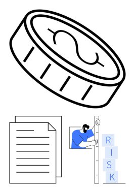 Dolar işaretli sikke, istiflenmiş belgeler, riskleri ölçen kişi. Finans, yatırım, planlama, analiz, karar verme, risk yönetimi için ideal basit iniş sayfası