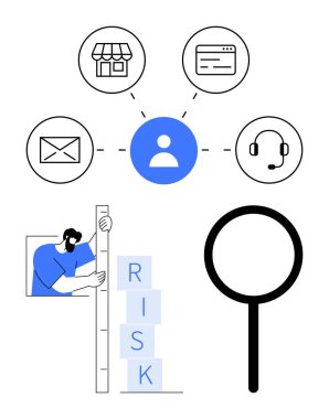 Çevreleyen ögeler dükkanı, e-posta, kart, temas, risk ölçüm blokları, büyüteç içeren merkezi kullanıcı simgesi. İş stratejisi, iletişim, kullanıcı odaklı risk veri analizi için ideal basit