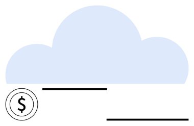 Açık mavi bulut asgari dolar simgesi ve çizgilerinin üzerinde, bulut depolama, finansal teknoloji, dijital ödemeler, veri alışverişi, yenilik ve bağlantıyı simgeliyor. Fintech uygulamaları ve hizmetler için ideal