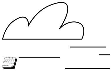 Planlamayı, zamanlamayı veya bilgi yönetimini sembolize eden asgari takvim simgesine ve düz yatay çizgilere sahip bulut anahatları. Zaman yönetimi, veri, organizasyon, bulut depolama için ideal