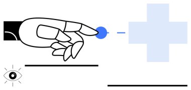 Robotik el tıbbi artı işareti ile hizalanmış teknolojiyi ve sağlık hizmetleri işbirliğini sembolize eden mavi bir noktaya uzanır. AI, tıp, gelecek, teknoloji, robotik, yenilik, dijital için ideal