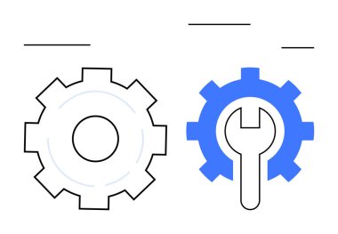 İki dişli, biri sade, diğeri İngiliz anahtarı sembollü. Yapılandırma, onarım, geliştirme ve optimizasyonu temsil ediyor. Ayarlar, bakım ve araçlar için ideal mühendislik teması uygulamaları