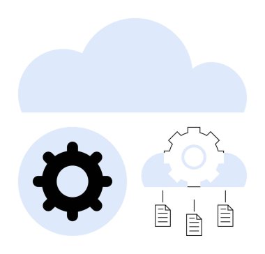 Veri senkronizasyonu ve otomasyonu gösteren vites ve belge dosyalarıyla bulut şekilleri. Bulut depolama, veri paylaşımı, iş araçları, bilişim çözümleri, çevrimiçi hizmetler, yazılım entegrasyonu için ideal