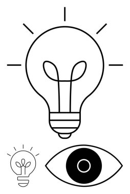 Fikirleri ve yaratıcılığı temsil eden ampul, açık bir gözle eşleştirilerek görüş, farkındalık ve anlayışı sembolize eder. Yenilik, yaratıcılık, gözlem, ilham, strateji bilgisi için ideal