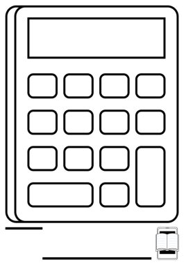Eğitimi, muhasebe, bütçe, analiz, hesaplama, organizasyon ve üretkenliği simgeleyen açık bir kitabın yanında tuş takımı ve ekran ile birlikte basit bir metaforda hesaplayıcı