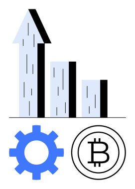 Yukarı doğru ok, mavi dişli çubuk çizelgesi ve bitcoin işareti büyüme, yenilik ve kripto para birimini temsil ediyor. Finans, teknoloji, engelleme zinciri, ilerleme stratejisi ekonomi pazarlaması için ideal