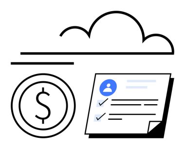 Bulut ve dolar işareti bir kullanıcı profili ve dijital çözümleri temsil eden bir belgede kontrol listesi. Finans, bulut hesaplama, çevrimiçi ödeme, bütçe, kullanıcı arayüzü, iş araçları için ideal