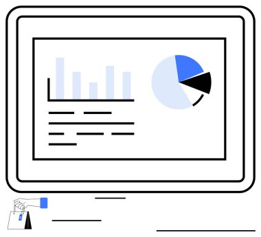 Tablet veri görselleştirmesini gösteriyor. Çizelge, pasta grafiği, yazılı analiz. Elindeki mavi alışveriş torbası ticaret bağlamını da ekliyor. E-ticaret, analitik, strateji, teknoloji ve pazarlama için ideal