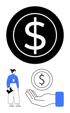 Siyah çemberde dolar sembolü, kimlik kartı elinde klasör olan bir kadın, daha küçük dolar simgesi sunan bir kadın. Finans, ekonomi, yatırım, iş desteği, bankacılık eğitimi ve tasarruf planları için ideal