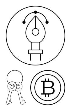 Yaratıcılığı sembolize eden dolmakalem simgesi, güvenlik açılımı için anahtarlar, şifreli para birimi tasvir eden Bitcoin logosu. Finansal okur yazarlık, engelleme zinciri, veri gizliliği, dijital para birimi, yaratıcılık için ideal