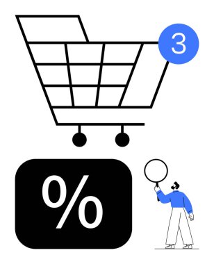 Üç öğe için tebligat arabası, büyük yüzde indirim ikonu ve bireysel teftiş. E-ticaret, perakende satış, indirimli tanıtım, online alışveriş, tüketici davranışı için ideal