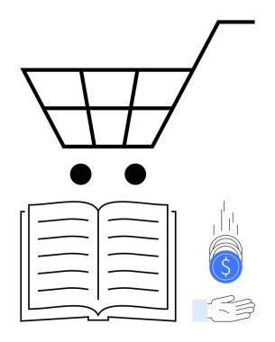 Alışveriş arabası sembolü, açık bir kitap, bozuk paralar uzatılmış ellere düşüyor. E-ticaret, eğitim, mali değişim, pazar yeri, maliyet analizi, dijital öğrenme araçları için ideal basit iniş sayfası