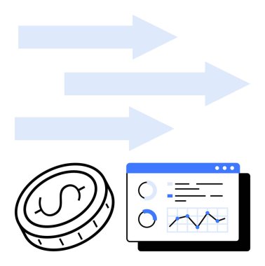 Finansmanı temsil eden sikke, analitik ve veri tablolarını gösteren gösterge paneli ve büyümeyi gösteren oklar. İş, finans, analitik, pazarlama, ekonomik eğilimler için ideal, strateji sade iniş
