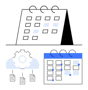 İşaretli olaylar takvimi, otomasyonu sembolize eden teçhizatlı bulut, bağlantılı belgeler. Proje yönetimi, bulut hizmetleri, verimlilik, otomasyon dijital için ideal