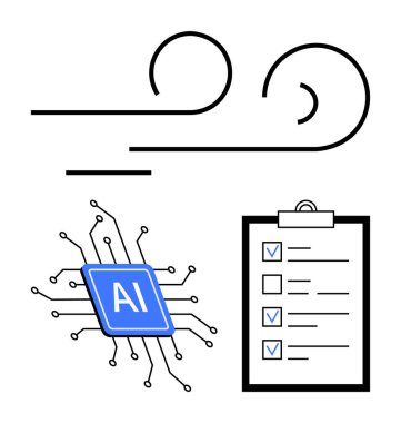 Soyut rüzgar çizgileri, bir yapay zeka mikroçip simgesi ve bir kontrol listesi yenilik, sürdürülebilirlik, verimlilik, akıllı çözümler, dijital dönüşüm, yeşil enerji, basit iniş sayfası