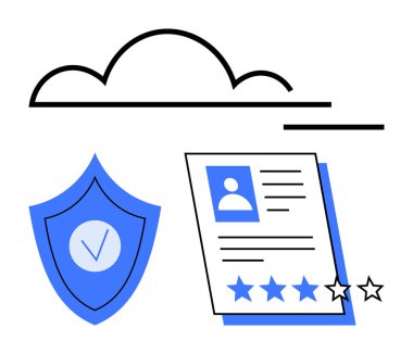 Bulut, işaretli kalkan ve derecelendirme yıldızlı kullanıcı profili. Siber güvenlik, veri koruması, bulut servisi, kimlik, mahremiyet, basit iniş sayfası için ideal