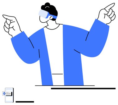 İnsan, yakın çevresindeki güvenlik ekranı ile akıllı gözlük takarken el hareketleriyle artırılmış gerçeklikle etkileşime girer. Teknoloji, yenilik, sanal gerçeklik ve güvenlik için ideal