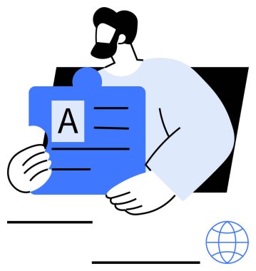 Küresel bir ikonun yanında mavi bir yapboz parçası tutan kişi. Takım çalışması, eğitim, dil öğrenimi, işbirliği, küresel iş, problem çözme, basit iniş için ideal