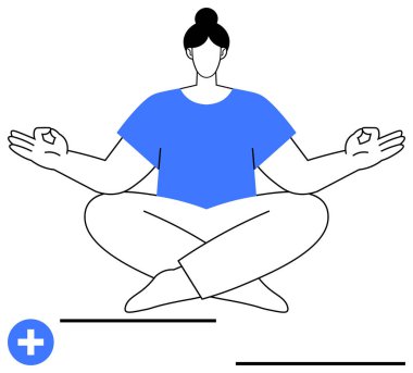 Kadın, elleri sakin ifadeyle dengeli bir şekilde meditasyon zen pozuyla bacak bacak üstüne atmış şekilde oturuyor. Sağlık, farkındalık, sağlık, denge, pozitiflik, zihinsel güç tefekkür için idealdir. Düz basit metafor