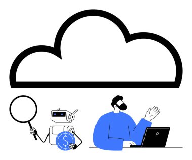 Büyük siyah bulut bulut hesaplamasını sembolize eder. Robot elinde büyüteç ve bozuk para tutarken yapay zeka ve analiz öneriliyor. Dizüstü bilgisayarda çalışan adam teknik kullanımı ön plana çıkarıyor. Teknoloji için ideal, yapay zeka, bulut depolama