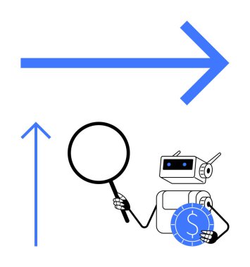 Robot elinde bir büyüteç, bir dolar işareti olan bir madeni parayı analiz ediyor, mavi oklar da büyümeyi gösteriyor. Teknoloji, finans, analiz, robotik, iş trendleri, yapay zeka kavramları, düz basit