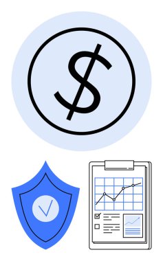 Dolar sembolü, işaretli mavi kalkan, performans çizelgesi olan pano. Finans, yatırım, sigorta, güvenlik, analitik, planlama risk yönetimi için ideal basit iniş sayfası
