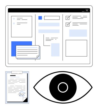 Erişilebilirlik, uyum, bilgi izleme, yönetim, organizasyon, üretkenlik ve basit iniş sayfasını temsil eden belge, metin kutusu, kontrol listesi ve göz simgesi kullanıcı arayüzü
