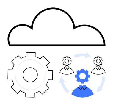 Dişli, oklu ve takım sembollü bulut simgesi işbirlikçi iş akışı, otomasyon ve teknoloji ekosistemlerini ön plana çıkarıyor. Takım çalışması, yenilik, bulut servisi, işlem teknolojisi verimliliği için ideal