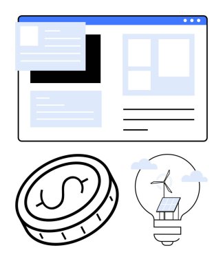 Dijital web sayfası düzeni, dolar parası güneş paneli ve rüzgar türbinli ampul. Sürdürülebilirlik, temiz enerji, finans, yenilik, teknoloji, eko-iş sade iniş sayfası için ideal