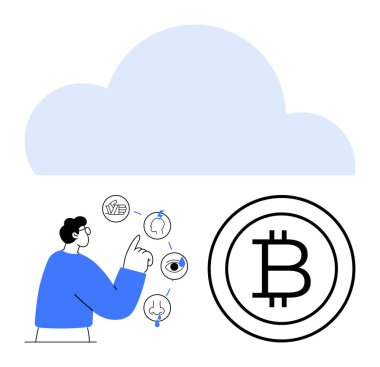 Bir bulut şekli ve Bitcoin logosu altında dijital simgelerle uğraşan kişi, teknolojiyi, blok zinciri, depolama, finans, yenilik, dijital trendler ve verileri sembolize ediyor. Fintech ve teknoloji için ideal