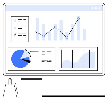 Çubuk grafik, pasta grafiği, çizgi çizelgesi ve analitik ve alışveriş çantası için veri tablosu olan ekran. İş, e-ticaret, pazarlama, veri görselleştirme, strateji satış performans analizi için ideal