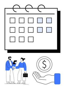 Vurgulanmış tarihli takvim, profesyoneller arasında tokalaşma, elde para. İş planlaması, toplantılar, ortaklıklar, planlama, mali yönetim için ideal, teslim tarihleri basit iniş sayfası