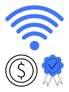 Mavi kablosuz sinyal, daire şeklinde dolar işareti ve işaretli şerit bağlantı, maliyet verimliliği ve doğrulanmış kalite. Teknoloji, finans, sertifika, sigorta hizmeti için ideal