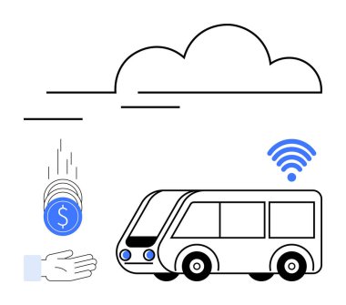 Kablosuz, el yakalayan bozuk paralarla donatılmış otobüs ve teknolojiyi sembolize eden bulut hatları. Toplu taşıma için ideal, akıllı şehirler, nakit ödeme, seyahat, bağlantı, kentsel hareketlilik basit